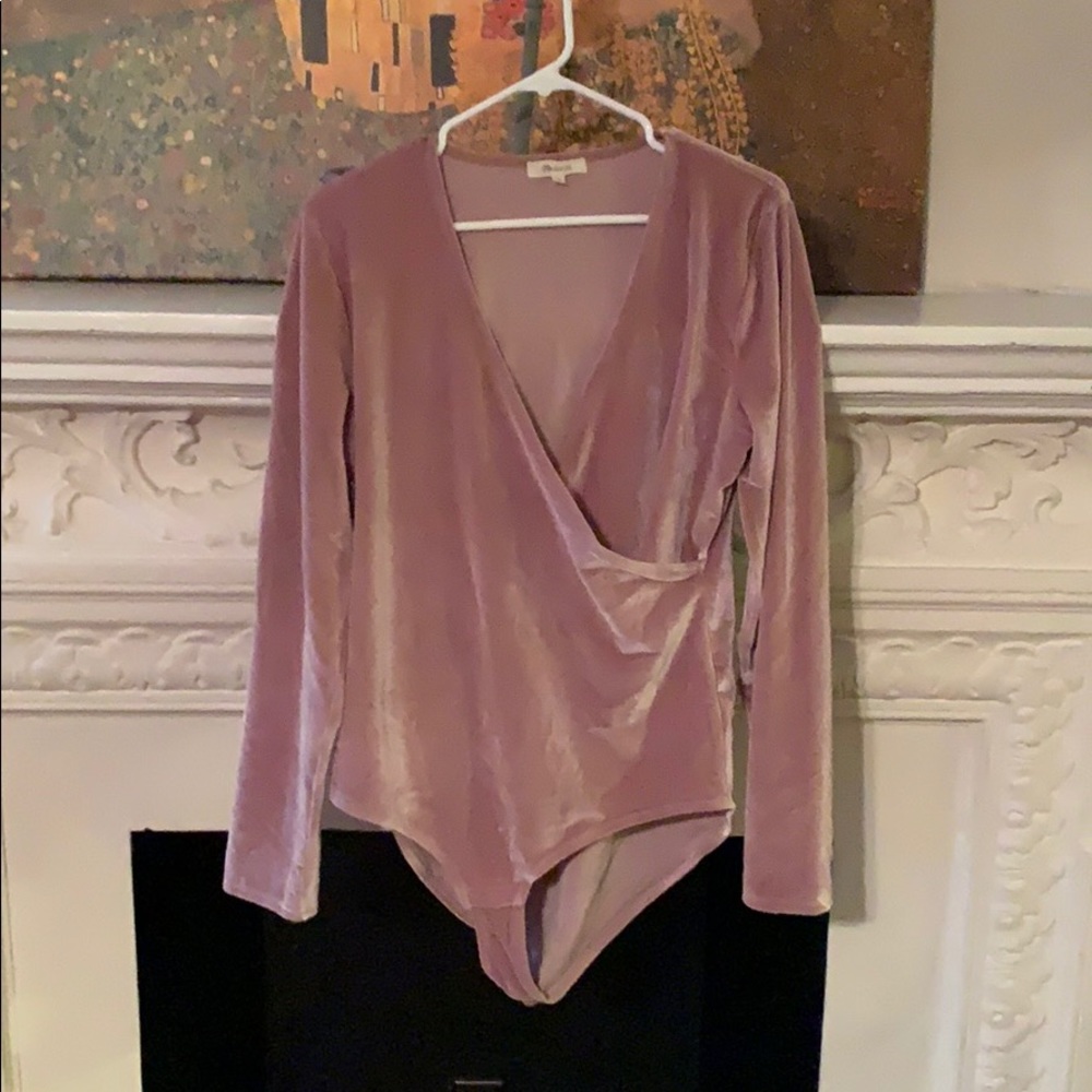 Pale pink velvet bodysuit from Madewell.